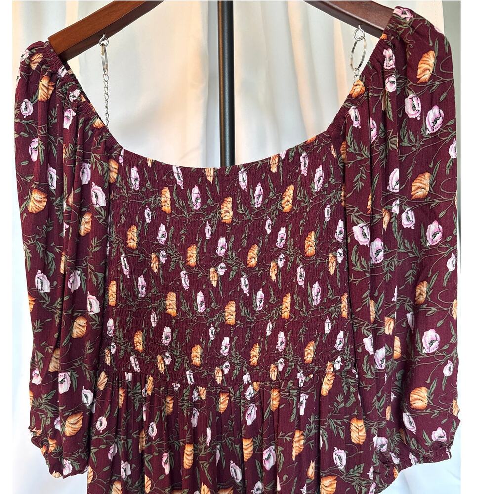 Easel Burgundy Floral Midi Maxi Prairie Dress Smocked Empire Waist Small - Picture 7 of 9